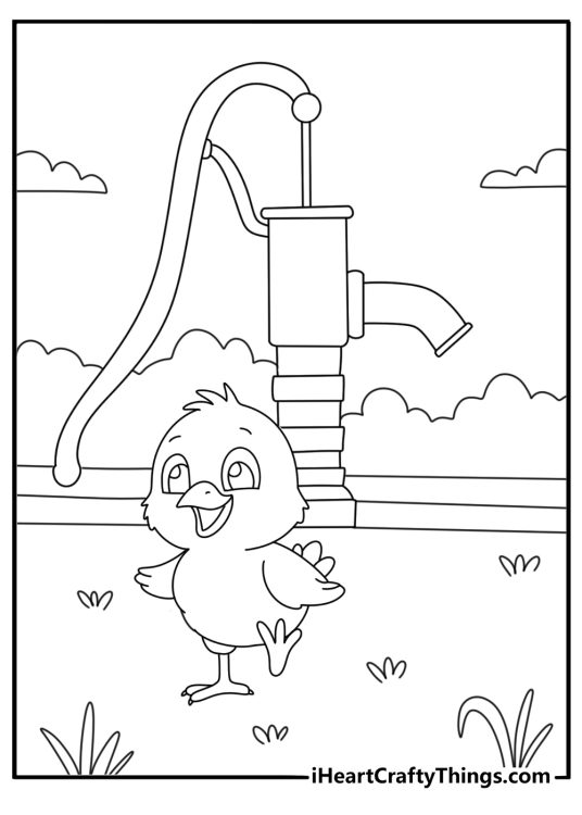Cute baby chick coloring sheet standing beside farm water pump