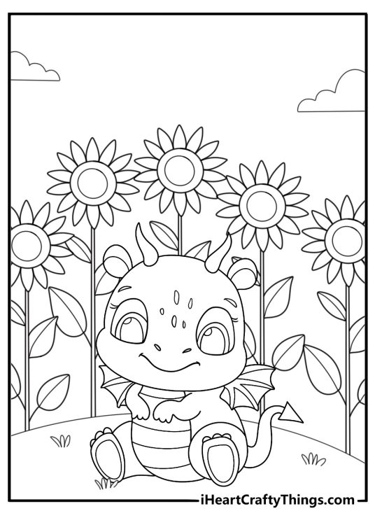 Cute baby dragon in a sunflower field coloring page for kids