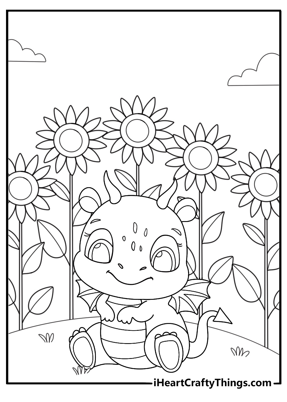 Cute baby dragon in a sunflower field coloring page for kids