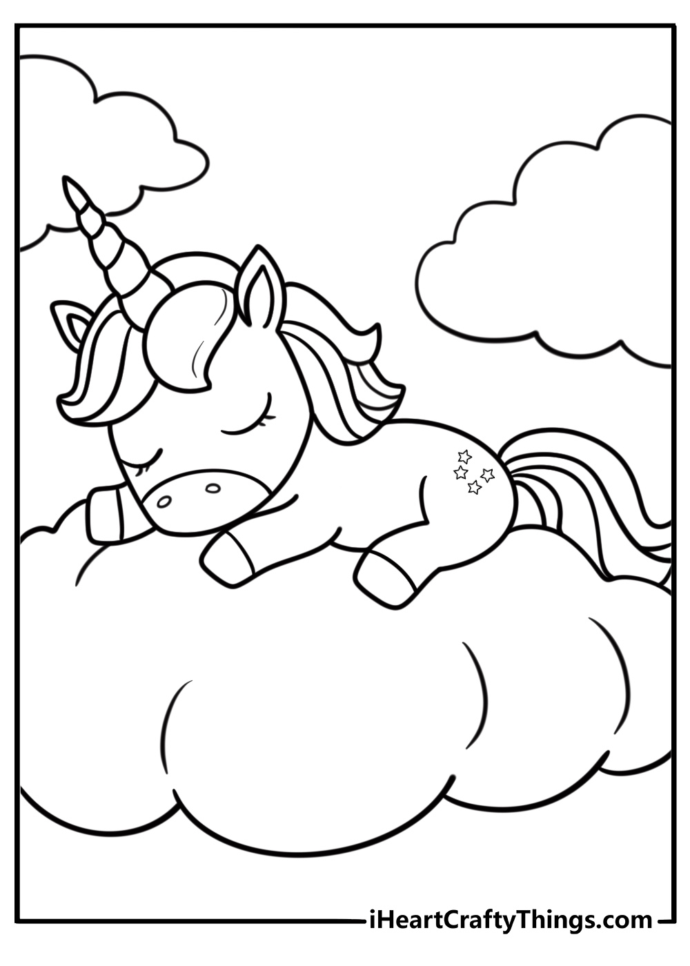 Cute baby unicorn coloring page sleeping on a cloud