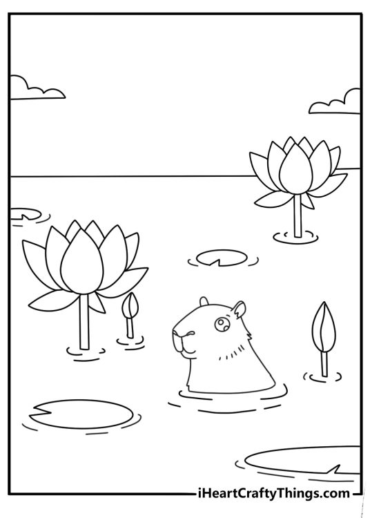 Cute capybara coloring page with a baby capybara beside water lilies