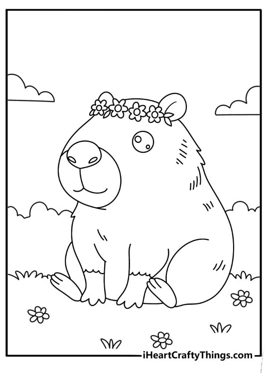 Cute capybara coloring page with a capybara wearing a tiny flower crown