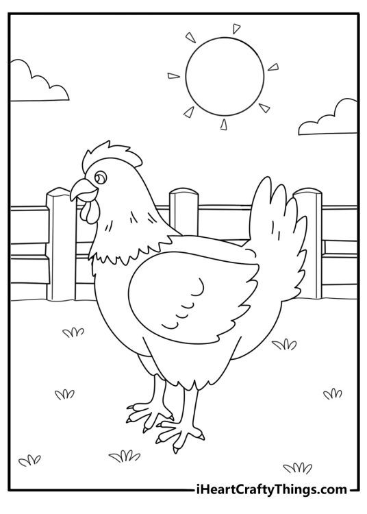 Cute chicken standing in the sun free printable coloring page