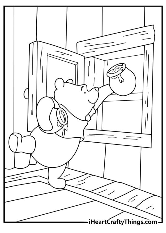 Cute kawaii Disney coloring page of Winnie the Pooh reaching into honey pot inside tree house