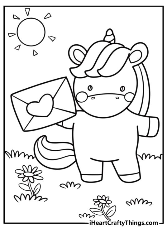 Cute printable unicorn coloring page for Valentine’s Day