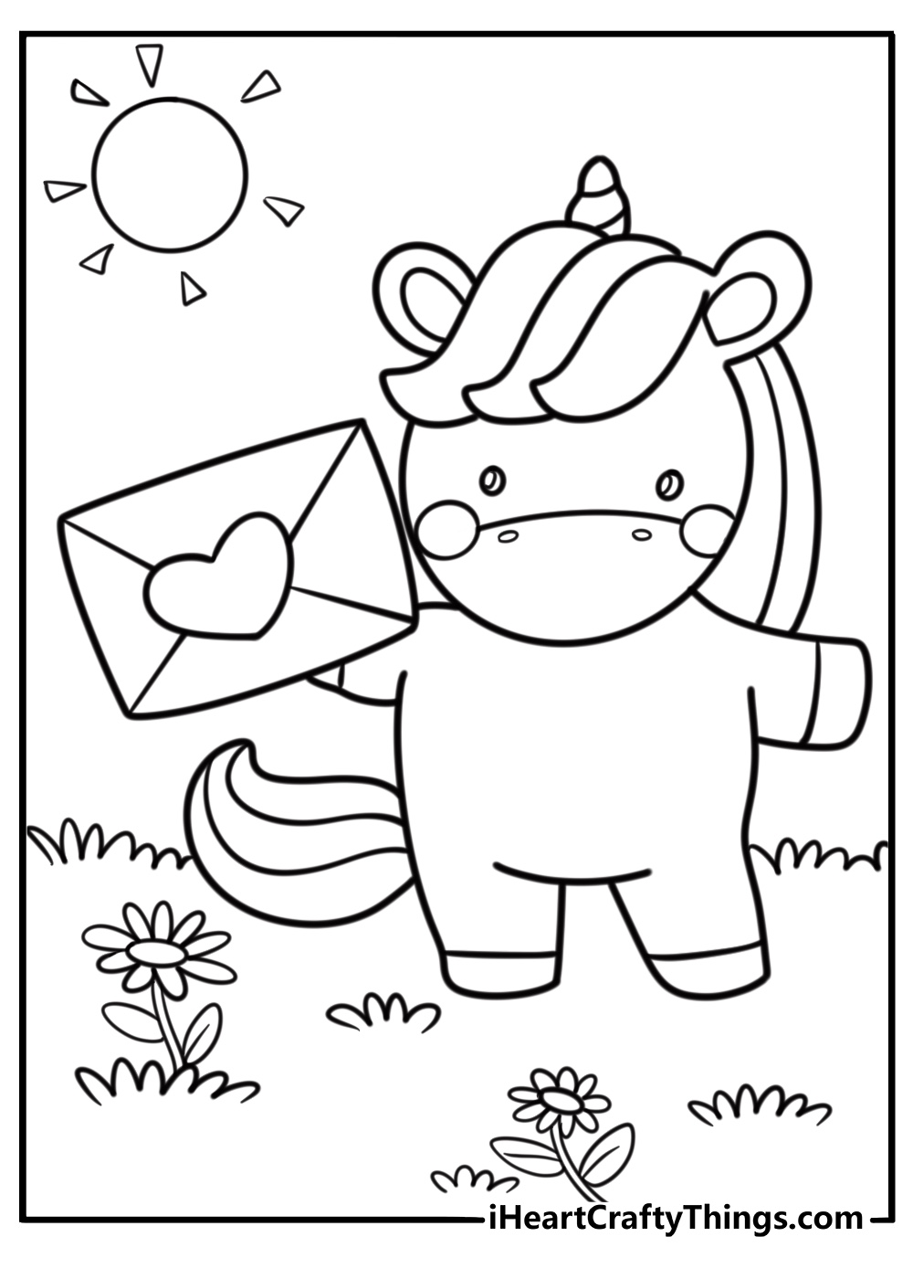 Cute printable unicorn coloring page for Valentine’s Day
