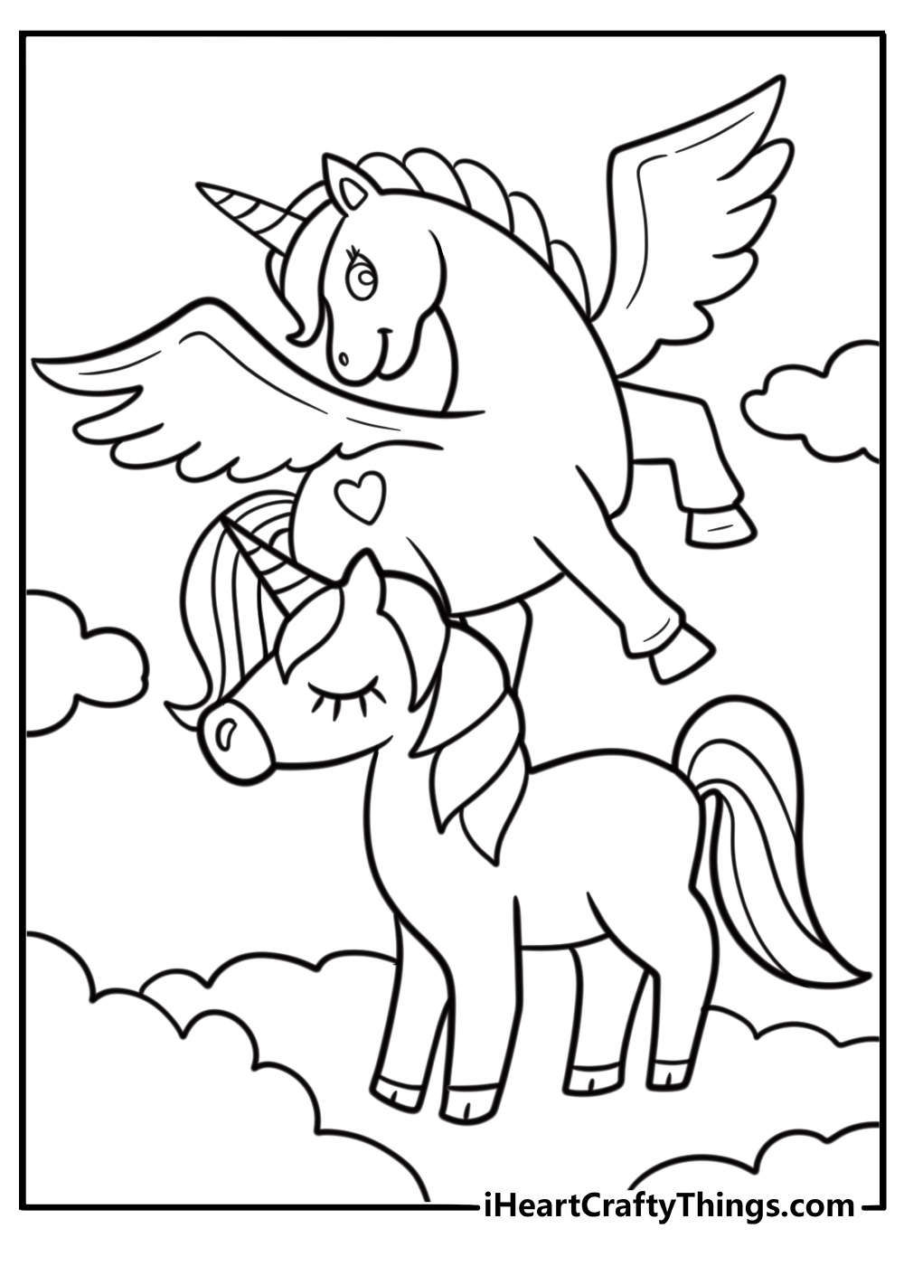 Cute unicorn and pegasus coloring page flying through sky