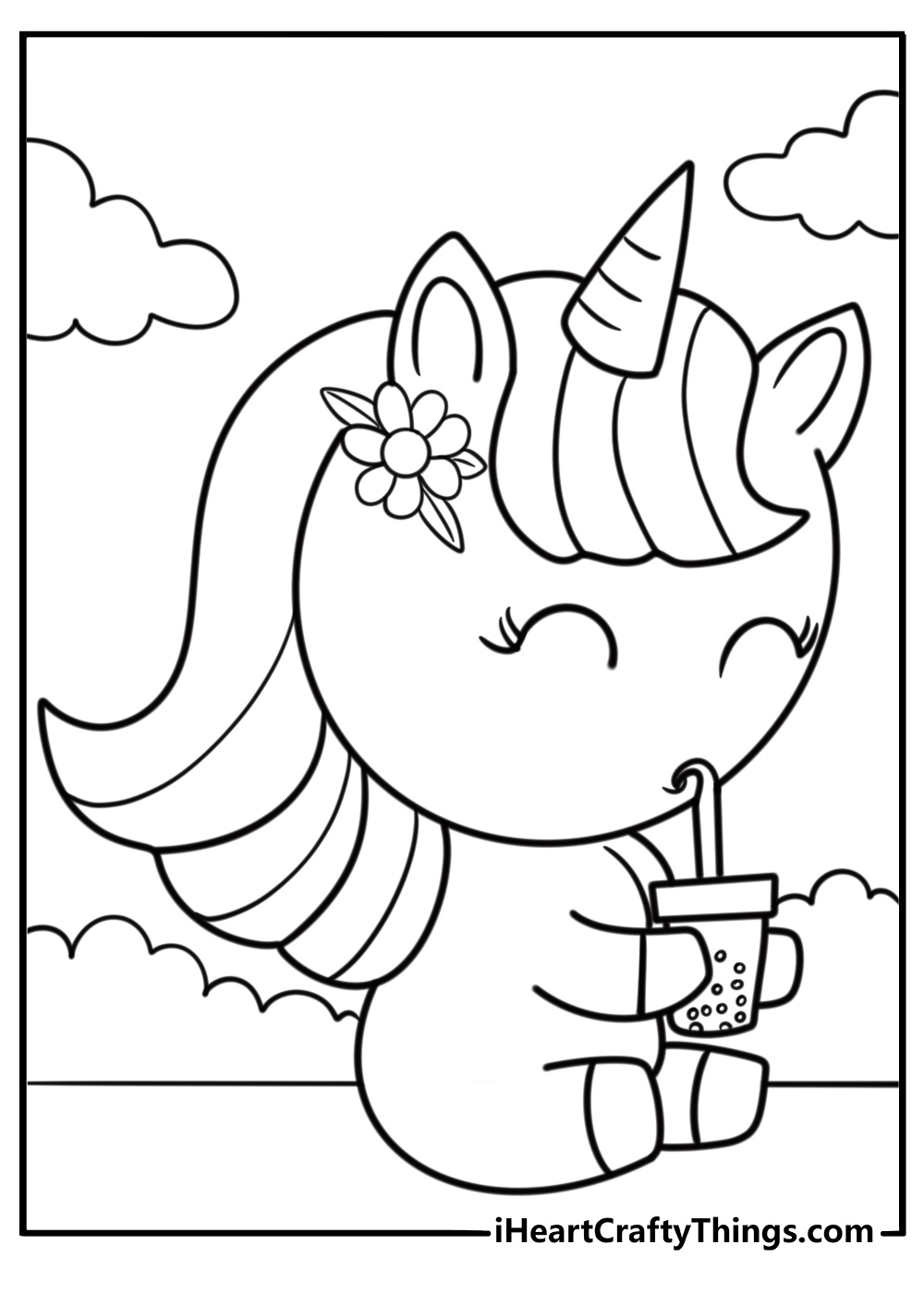 Cute unicorn coloring page with a boba tea drink