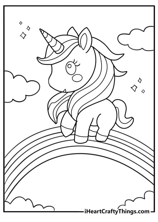 Cute unicorn coloring page with a rainbow and sparkles