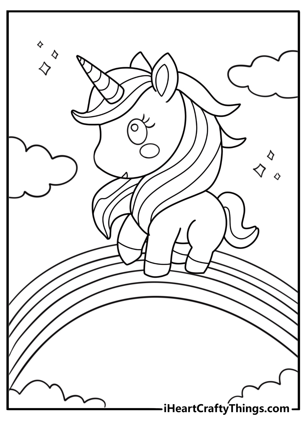 Cute unicorn coloring page with a rainbow and sparkles