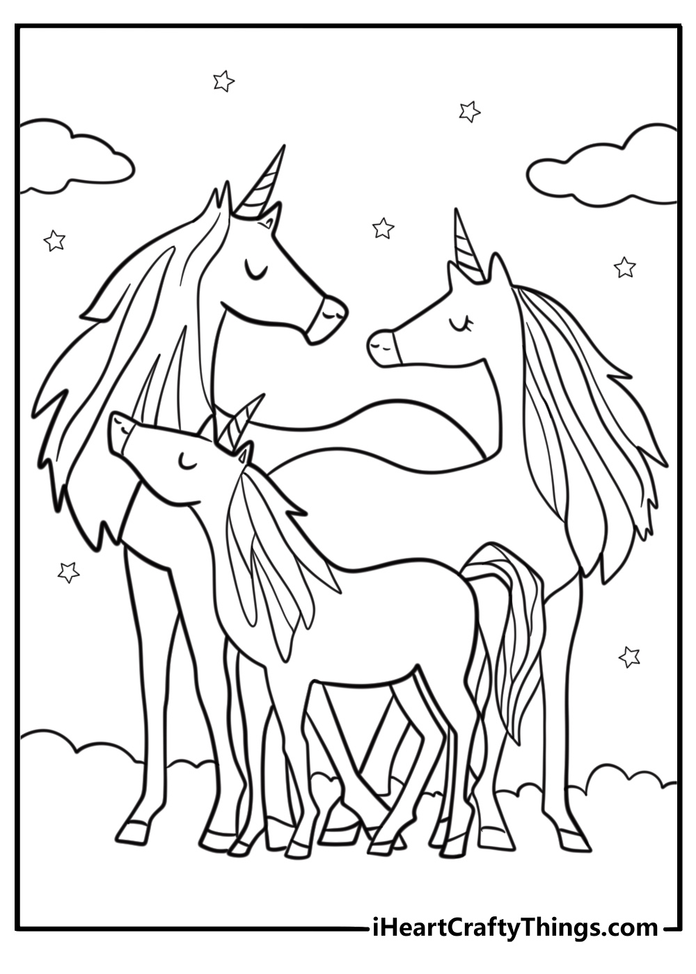 Cute unicorn family coloring page with baby unicorns