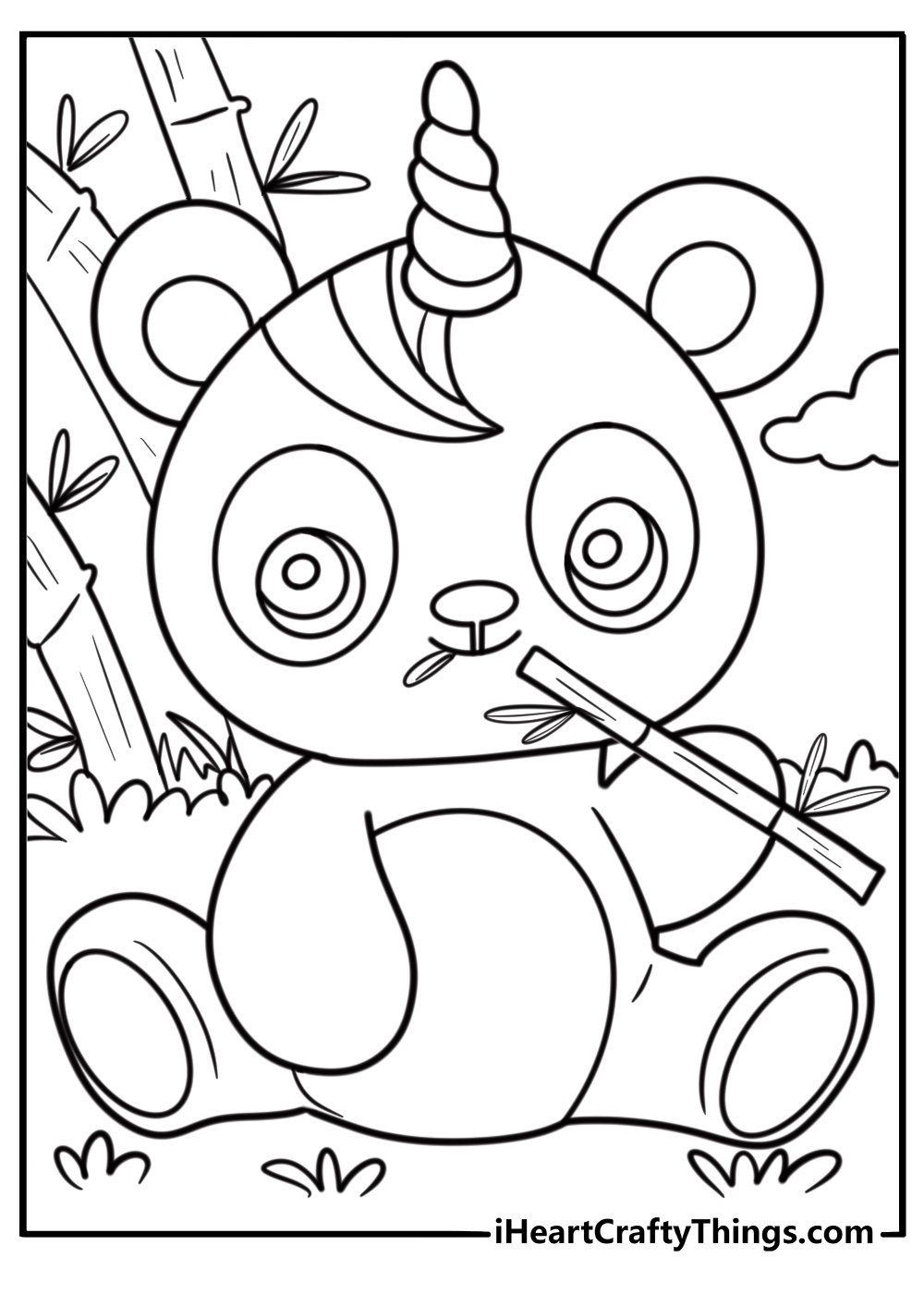 Cute unicorn panda coloring page eating bamboo