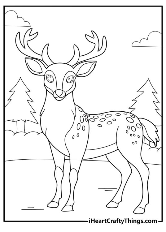 Deer standing near a frozen lake simple winter coloring page