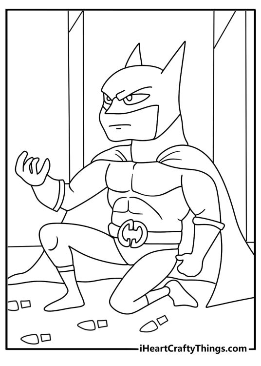Detailed Batman coloring page with Batman investigating footprints in an alley