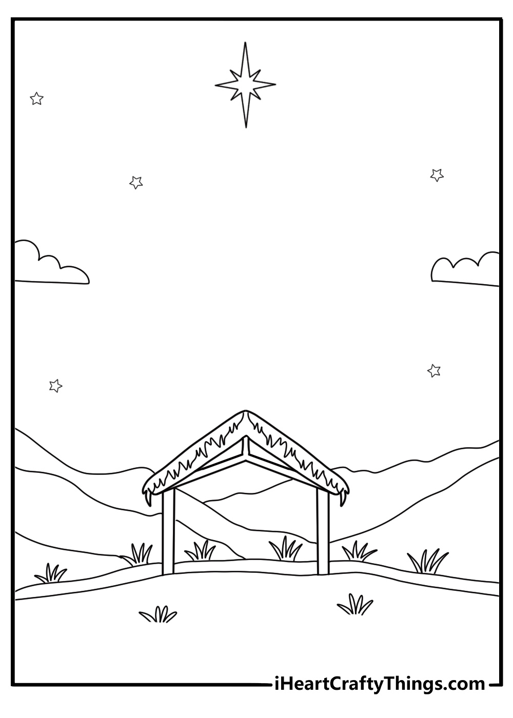 Detailed Christmas nativity star shining above stable coloring sheet