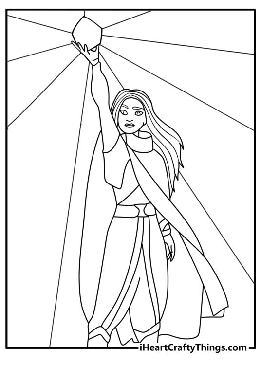 Detailed Disney coloring page featuring Raya holding dragon gem in ancient temple