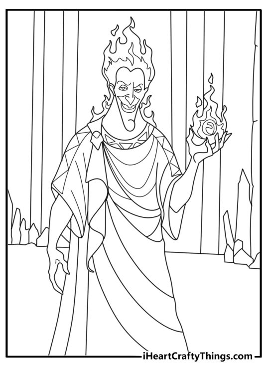 Detailed Disney coloring sheet showing Hades controlling blue flame in underworld hall