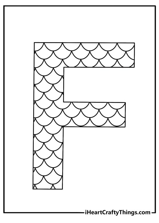Detailed Letter F printable for adults with fish scales inside the letter