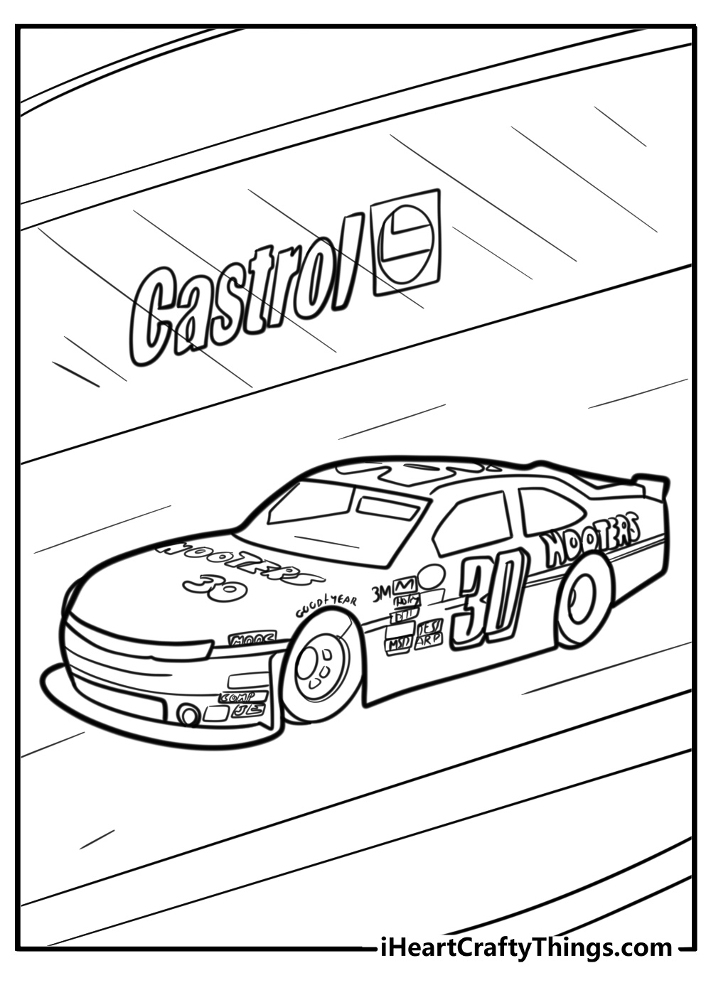 Detailed NASCAR car with sponsor logos coloring sheet