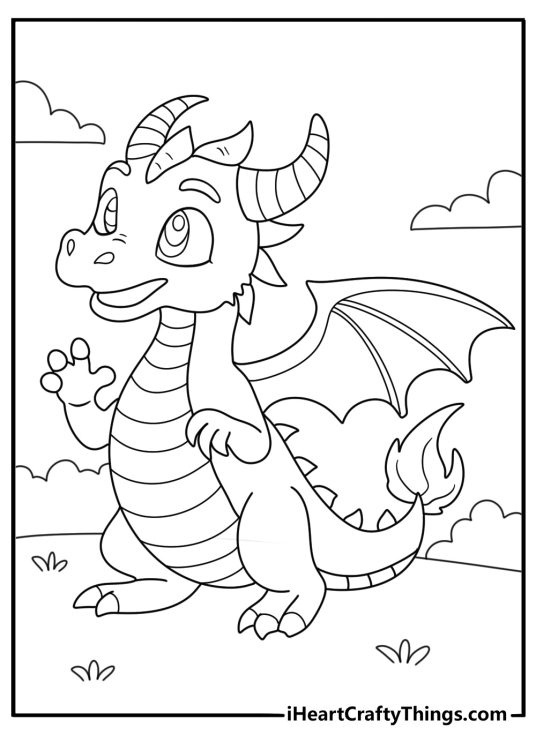 Detailed coloring portrayal of a mythical dragon with spikes on the head and back surrounded with stars