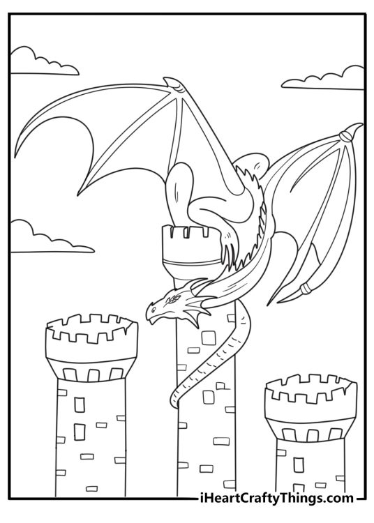 Detailed coloring printable featuring big dragon wrapped around tall castle tower