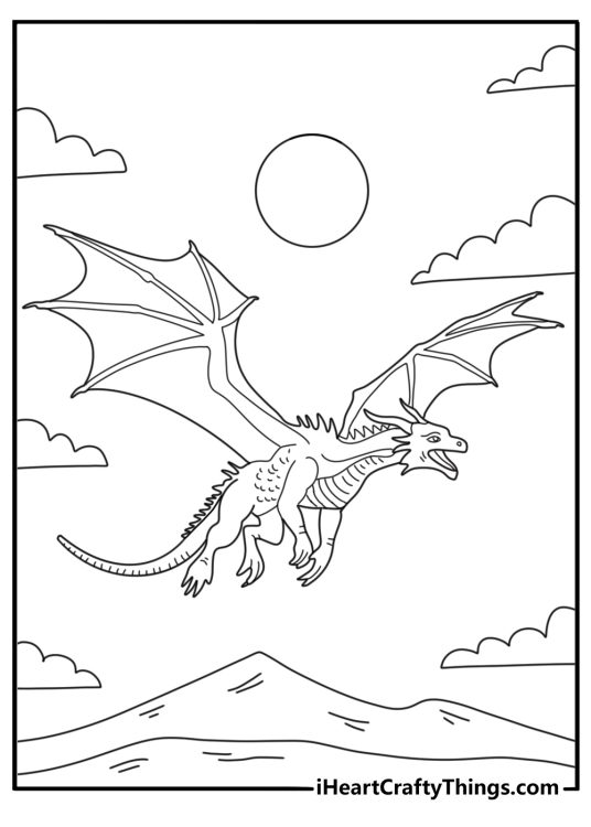 Detailed illustration of a unique looking dragon with large wings long tail and scales all over the body
