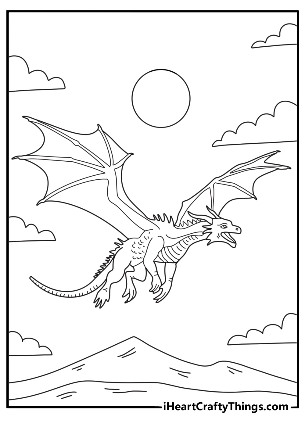 Detailed illustration of a unique looking dragon with large wings long tail and scales all over the body