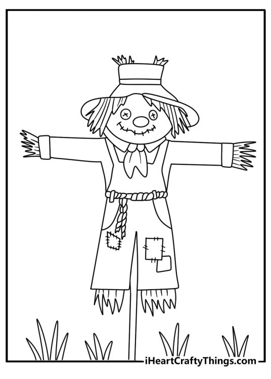 Detailed scarecrow coloring page for adults featuring rope knots and straw textures