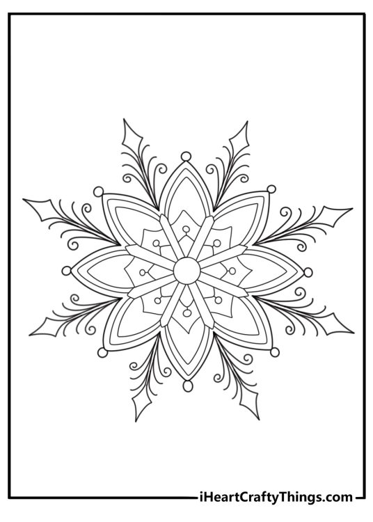 Detailed snowflake mandala winter coloring sheet for adults