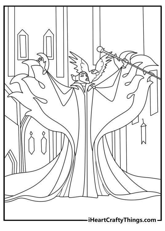 Disney coloring page featuring Maleficent casting dark magic around castle towers