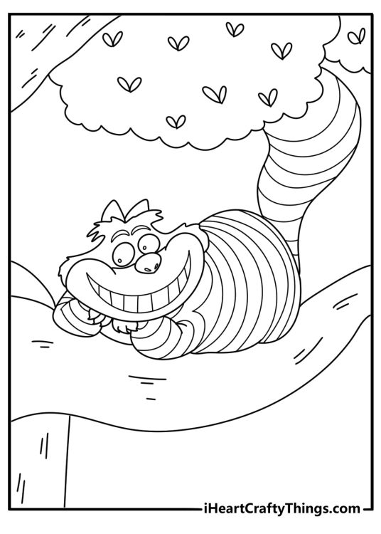 Disney coloring pages showing Cheshire Cat resting on tree branch in Wonderland forest