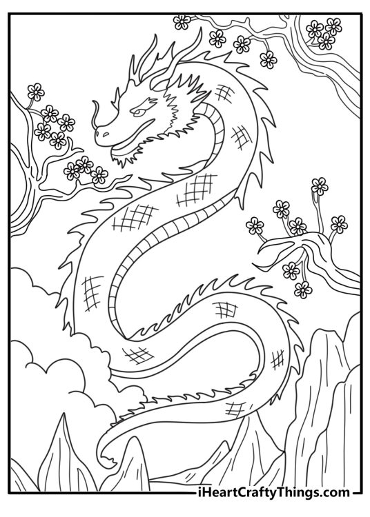 Eastern style dragon weaving through cherry blossoms detailed printable for adults