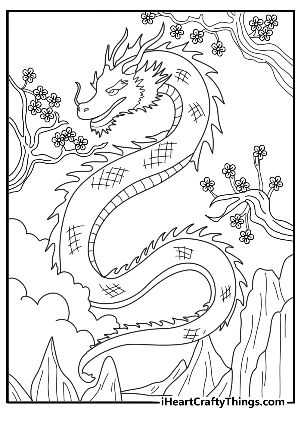 Eastern style dragon weaving through cherry blossoms detailed printable for adults