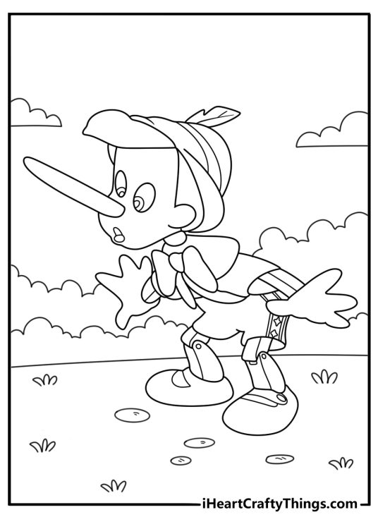 Easy Disney coloring sheet with Pinocchio growing wooden nose after telling lie
