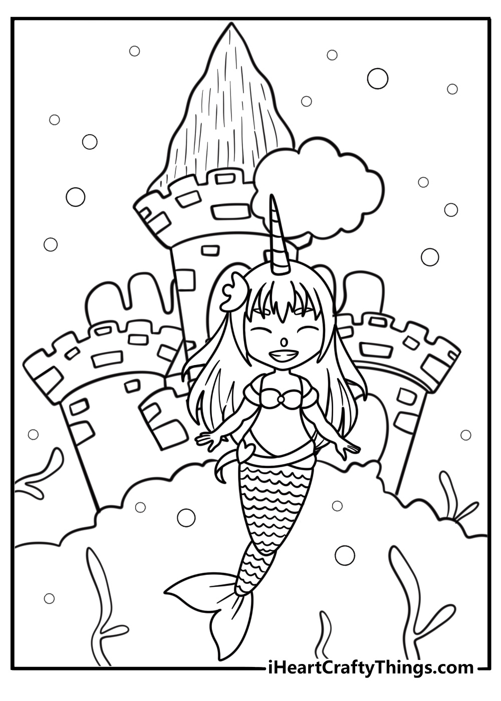 Fairy unicorn mermaid coloring page underwater castle