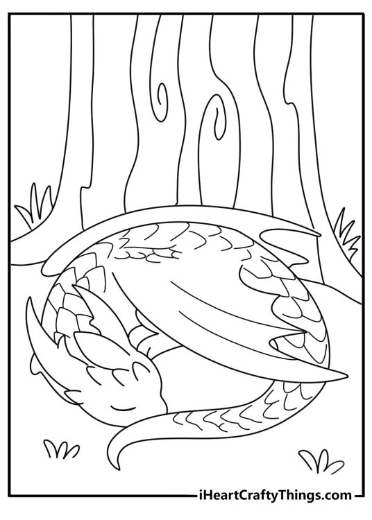 Forest guardian dragon curled around ancient roots easy coloring page