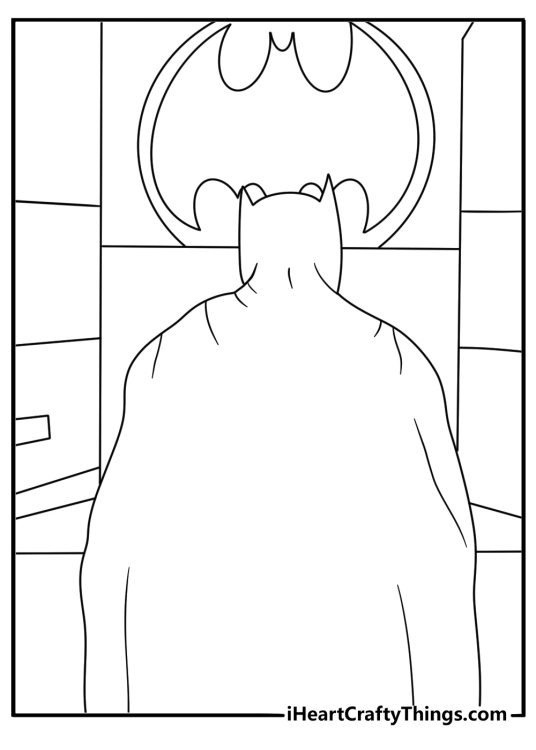 Free Batman coloring page with Batman watching security screens in a control room