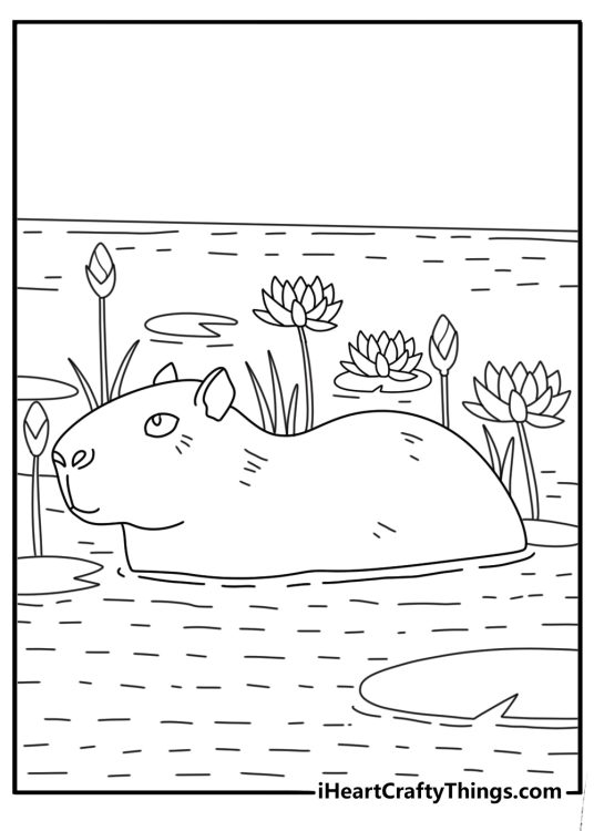 Free Capybara coloring pages coloring page with a capybara near lotus flowers
