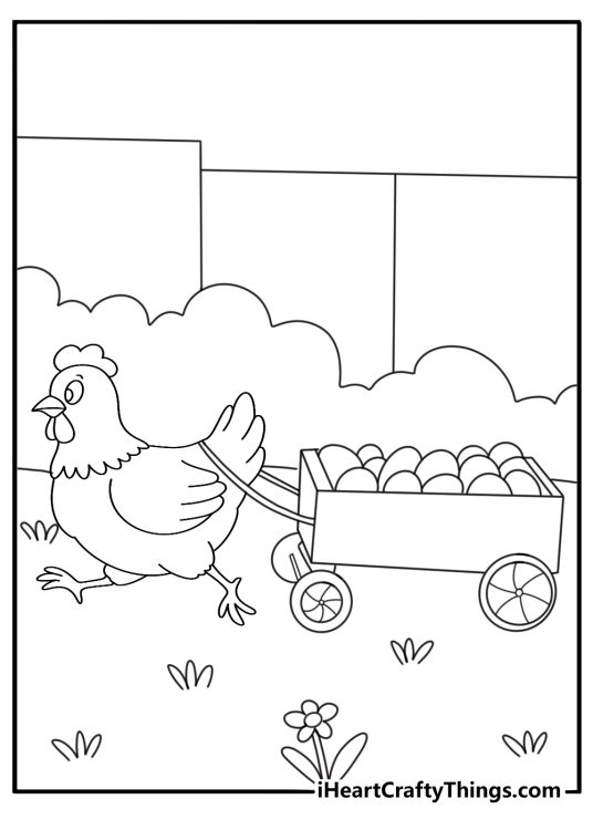 Free chicken coloring pages scene with hen pulling small garden cart