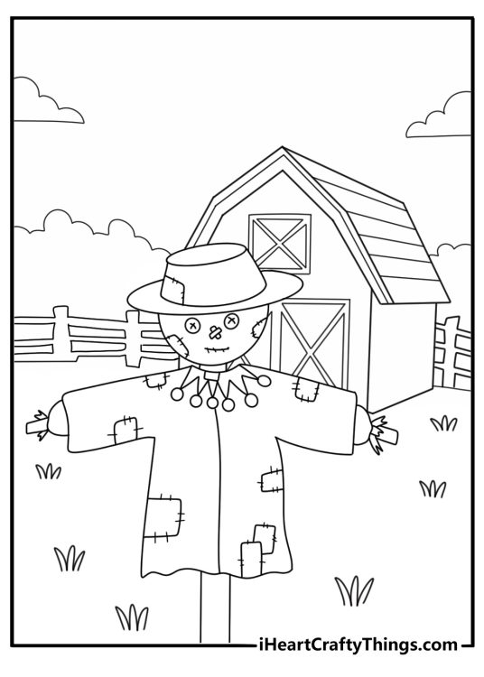 Free fall coloring sheet featuring a scarecrow near a country barn