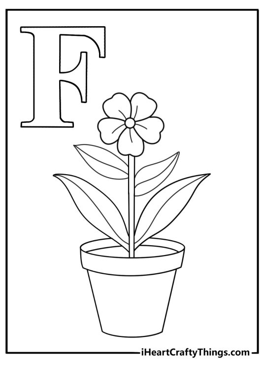 Free letter F coloring pages with a flower pot beside a simple letter