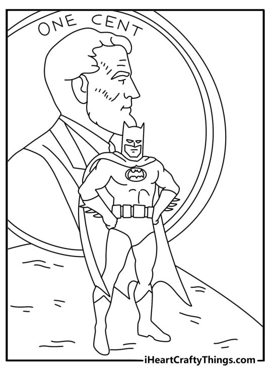 Free printable Batman coloring sheet with Batman beside the giant penny trophy