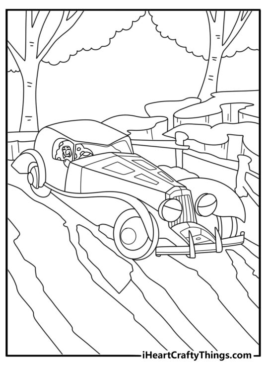 Free printable Disney coloring sheet with Cruella de Vil driving classic car with dalmatian coat pattern