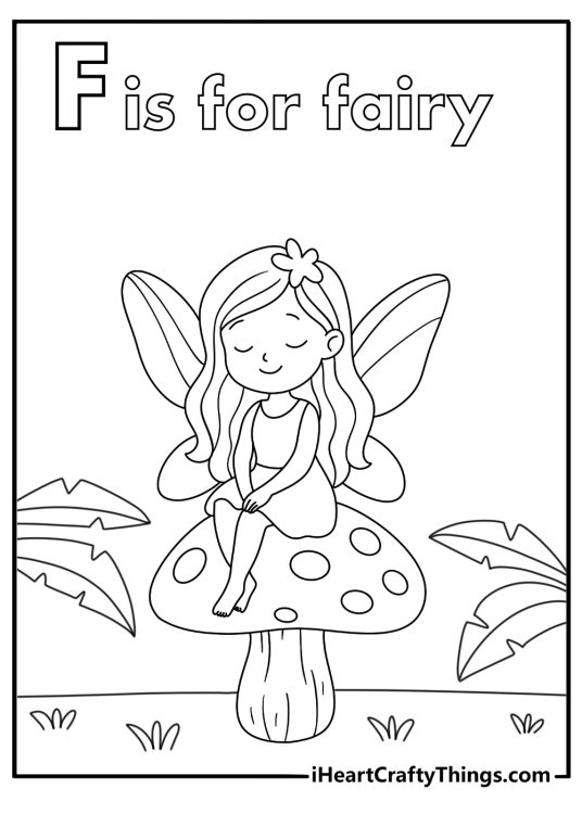 Free printable Letter F coloring pages with a fairy over a mushroom