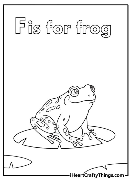 Free printable Letter F coloring sheet with a frog on a lily pad