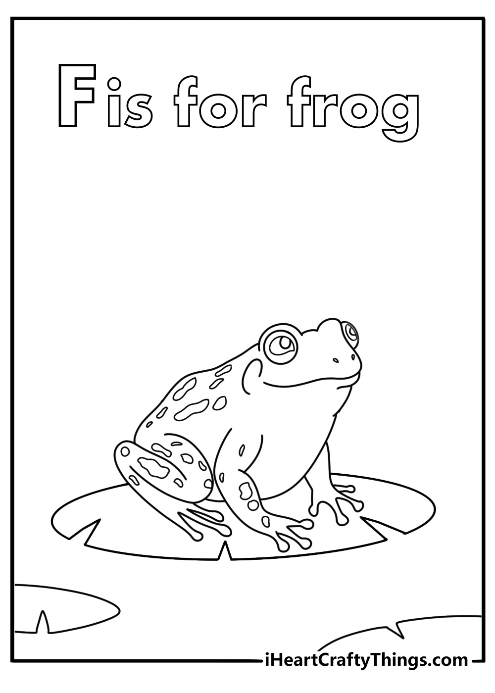 Free printable Letter F coloring sheet with a frog on a lily pad