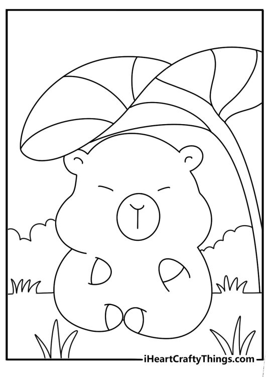 Free printable capybara coloring sheet with a capybara under a large umbrella leaf