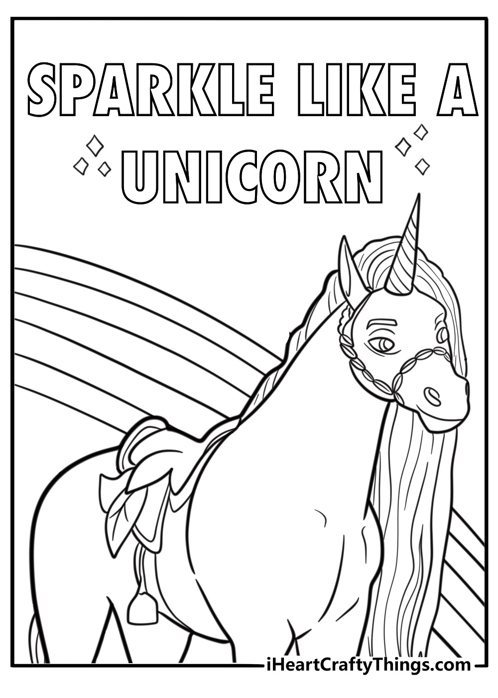 Free unicorn coloring page with stars and motivational quote