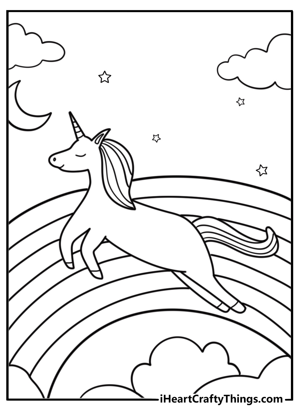 Free unicorn coloring sheet with a flying unicorn and clouds