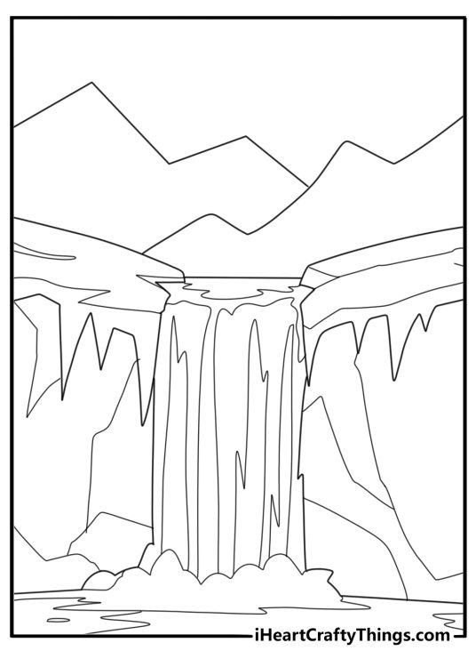 Frozen waterfall in a mountain valley detailed winter coloring page